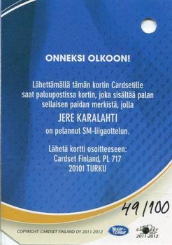 2011-12 Cardset Finland - Patch Redemption #NNO Jere Karalahti Back