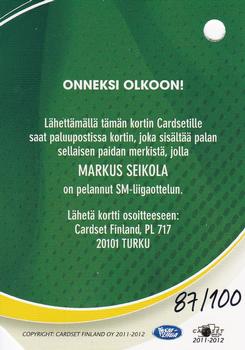 2011-12 Cardset Finland - Patch Redemption #NNO Markus Seikola Back