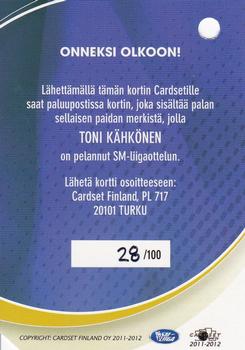 2011-12 Cardset Finland - Patch Redemption #NNO Toni Kähkönen Back