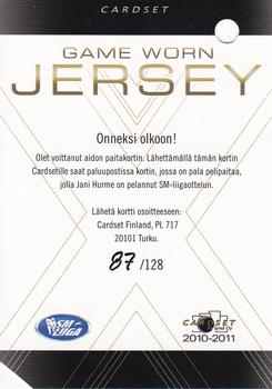 2010-11 Cardset Finland - Game Worn Jersey Series 1 Redemption #NNO Jani Hurme Back