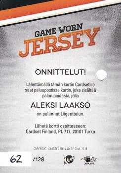 2014-15 Cardset Finland - Game Worn Jersey Series 1 Redemption #NNO Aleksi Laakso Back