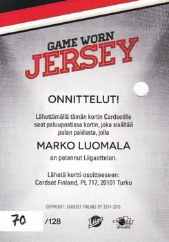 2014-15 Cardset Finland - Game Worn Jersey Series 2 Redemption #NNO Marko Luomala Back