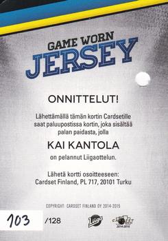 2014-15 Cardset Finland - Game Worn Jersey Series 2 Redemption #NNO Kai Kantola Back