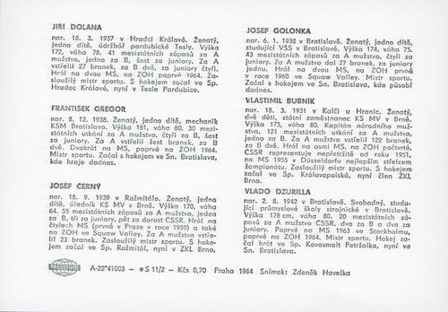 1964 Pressfoto CSSR National Team Olympics #2 Jiří Dolana / František Gregor / Josef Cerny / Jozef Golonka / Vlastimil Bubnik / Vlado Dzurilla Back