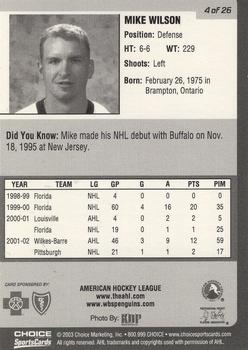 2002-03 Choice Wilkes-Barre/Scranton Penguins (AHL) #4 Mike Wilson Back