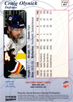 2003-04 Choice Peoria Rivermen (ECHL) #07 Craig Olynick Back
