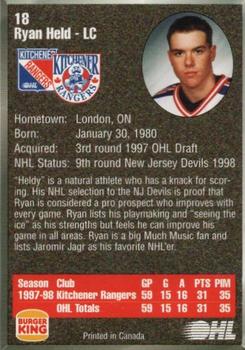 1998-99 Burger King Kitchener Rangers (OHL) #18 Ryan Held Back