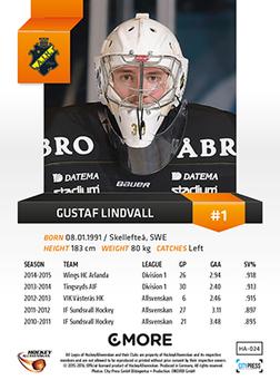 2015-16 Playercards HockeyAllsvenskan #HA-024 Gustaf Lindvall Back