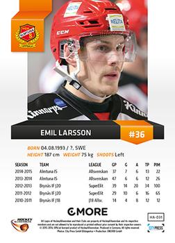 2015-16 Playercards HockeyAllsvenskan #HA-031 Emil Larsson Back