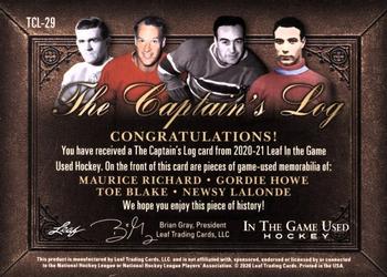 2020-21 Leaf In The Game Used - The Captain’s Log Gold #TCL-29 Maurice Richard / Gordie Howe / Toe Blake / Newsy Lalonde Back