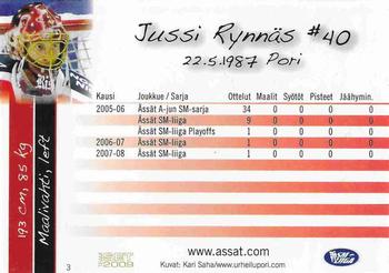 2008-09 Porin Assat Pelaajakortit #3 Jussi Rynnäs Back