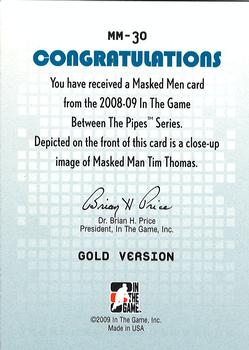 2015-16 In The Game Final Vault - 2008-09 In The Game Between The Pipes Masked Men Gold (Silver Vault Stamp) #MM-30 Tim Thomas Back