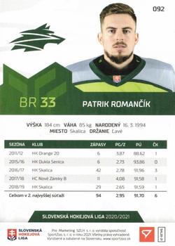 2020-21 SportZoo Slovenská Hokejová Liga #092 Patrik Romancik Back