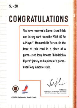 2015-16 In The Game Final Vault - 2003-04 Be a Player Memorabilia Jersey and Stick (Green Vault Stamp) #SJ-20 Tony Amonte Back