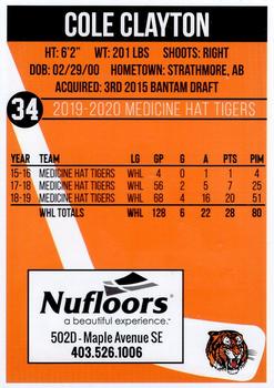 2019-20 Medicine Hat Tigers (WHL) #NNO Cole Clayton Back