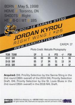 2017-18 Choice Sarnia Sting (OHL) #17 Jordan Kyrou Back