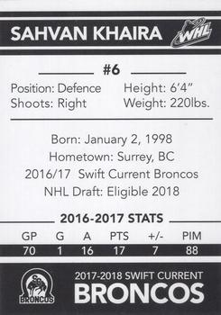 2017-18 Swift Current Broncos (WHL) #NNO Sahvan Khaira Back