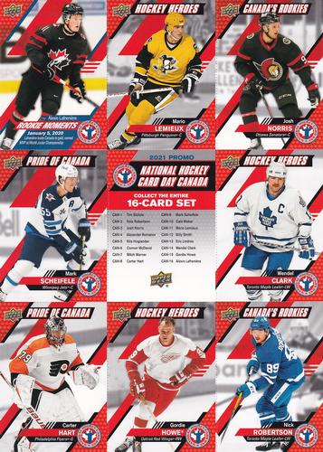 2021 Upper Deck National Hockey Card Day Canada - Sheets #CAN-2/3/8/9/11/14/15/16 Alexis Lafreniere / Mario Lemieux / Josh Norris / Mark Scheifele / Checklist / Wendel Clark / Carter Hart / Gordie Howe / Nick Robertson Front
