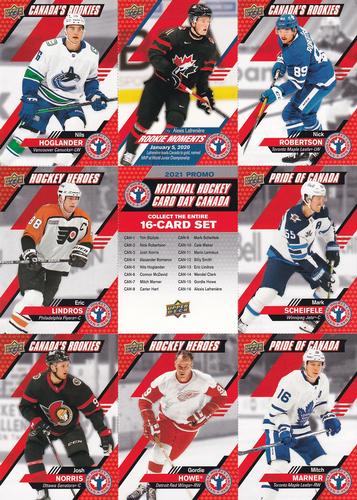 2021 Upper Deck National Hockey Card Day Canada - Sheets #CAN-2/3/5/7/9/13/15/16 Nils Hoglander / Alexis Lafreniere / Nick Robertson / Eric Lindros / Checklist / Mark Scheifele / Josh Norris / Gordie Howe / Mitch Marner Front
