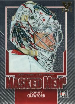 2015-16 In The Game Final Vault - 2013-14 In The Game Between the Pipes Masked Men 6 Silver (Gold Vault Stamp) #MM-02 Corey Crawford Front