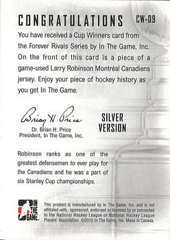 2015-16 In The Game Final Vault - 2012-13 In The Game Forever Rivals - Cup Winners Jerseys Silver (Gold Vault Stamp) #CW-09 Larry Robinson Back