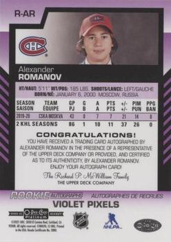 2020-21 O-Pee-Chee Platinum - Rookie Autographs Violet Pixels #R-AR Alexander Romanov Back