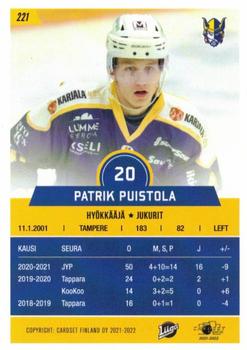 2021-22 Cardset Finland #221 Patrik Puistola Back