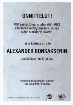 2021-22 Cardset Finland - Signature #NNO Alexander Bonsaksen Back