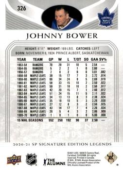 2020-21 SP Signature Edition Legends #326 Johnny Bower Back