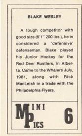 1981-82 Hartford Whalers Mini Pics #6 Blake Wesley Back