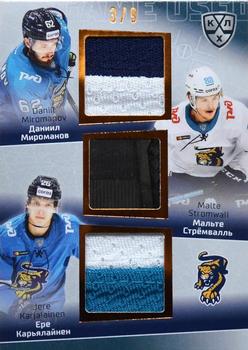 2021 Sereal KHL Cards Collection Exclusive - Game-Used Jersey Swatches+Game-Used Sticks KHL Trio #TRI-021 Daniil Miromanov / Malte Stromwall / Jere Karjalainen Front
