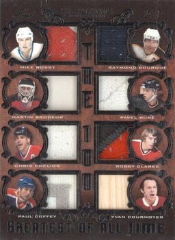 2021 Leaf Superlative - The 100 Greatest of All Time Black #GOAT-05 Mike Bossy / Raymond Bourque / Martin Brodeur / Pavel Bure / Chris Chelios / Bobby Clarke / Paul Coffey / Yvan Cournoyer Front