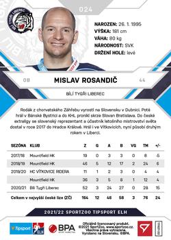 2021-22 SportZoo Tipsport ELH #024 Mislav Rosandic Back
