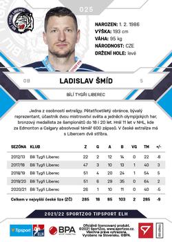 2021-22 SportZoo Tipsport ELH #025 Ladislav Smid Back