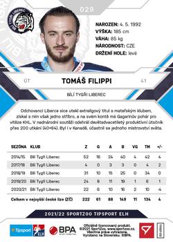 2021-22 SportZoo Tipsport ELH #029 Tomas Filippi Back