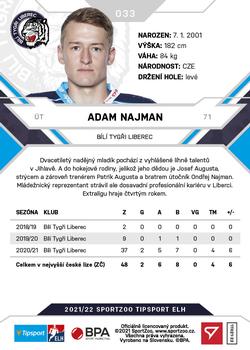 2021-22 SportZoo Tipsport ELH #033 Adam Najman Back