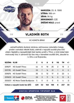 2021-22 SportZoo Tipsport ELH #116 Vladimir Roth Back