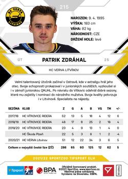 2021-22 SportZoo Tipsport ELH - Promo #215 Patrik Zdrahal Back