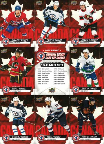 2022 Upper Deck National Hockey Card Day Canada - Sheets #CAN-1/-4/-5/-6/-8/-10/-12/-13/NNO Cole Caufield / Pierre-Luc Dubois / Shane Pinto / Theoren Fleury / Checklist / Bo Horvat / Cole Perfetti / Trevor Linden / Leon Draisaitl Front