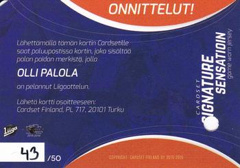 2015-16 Cardset Finland - Signature Sensations GWJ Series 2 Redemption #SSGWJ6 Olli Palola Back