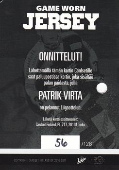 2016-17 Cardset Finland - Game Worn Jersey Series 2 Redemption #GWJ7 Patrik Virta Back