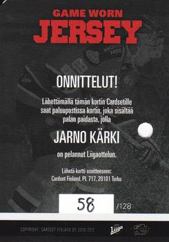 2016-17 Cardset Finland - Game Worn Jersey Series 2 Redemption #GWJ8 Jarno Kärki Back
