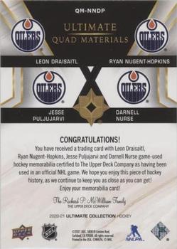 2020-21 Upper Deck Ultimate Collection - Ultimate Quad Materials #QM-NNDP Leon Draisaitl / Ryan Nugent-Hopkins / Jesse Puljujarvi / Darnell Nurse Back