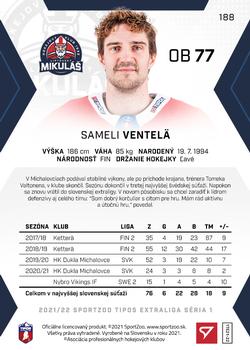 2021-22 SportZoo Tipos Extraliga #188 Sameli Ventelä Back