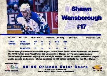 1998-99 EBK Orlando Solar Bears (IHL) #9 Shawn Wansborough Back