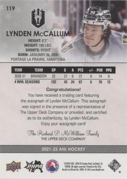 2021-22 Upper Deck AHL - Autographs #119 Lynden McCallum Back