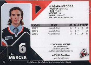 2013-14 Extreme Niagara IceDogs (OHL) Autographs #5 Luke Mercer Back