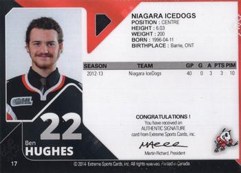 2013-14 Extreme Niagara IceDogs (OHL) Autographs #17 Ben Hughes Back