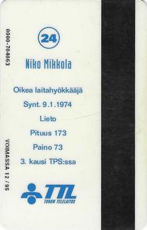 1994 Seesam Turun Palloseura Phonecards #D116 Niko Mikkola Back