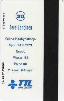 1994 Seesam Turun Palloseura Phonecards #D124 Jere Lehtinen Back